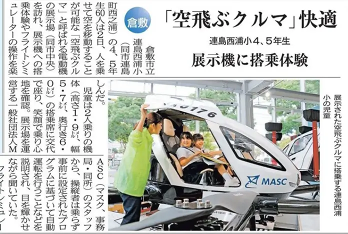 連島西浦小学校の児童が『空飛ぶクルマ』の展示機に搭乗体験している新聞記事。白いヘリコプター型機体のコックピットで体験する小学生たちの写真付き。