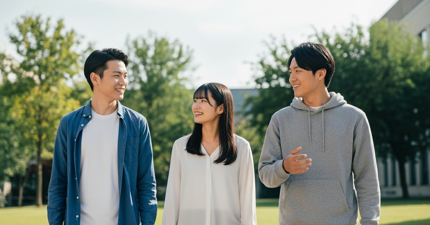 キャンパスを歩く学生3人。中央に女性、両側に笑顔で話す男性がいる。